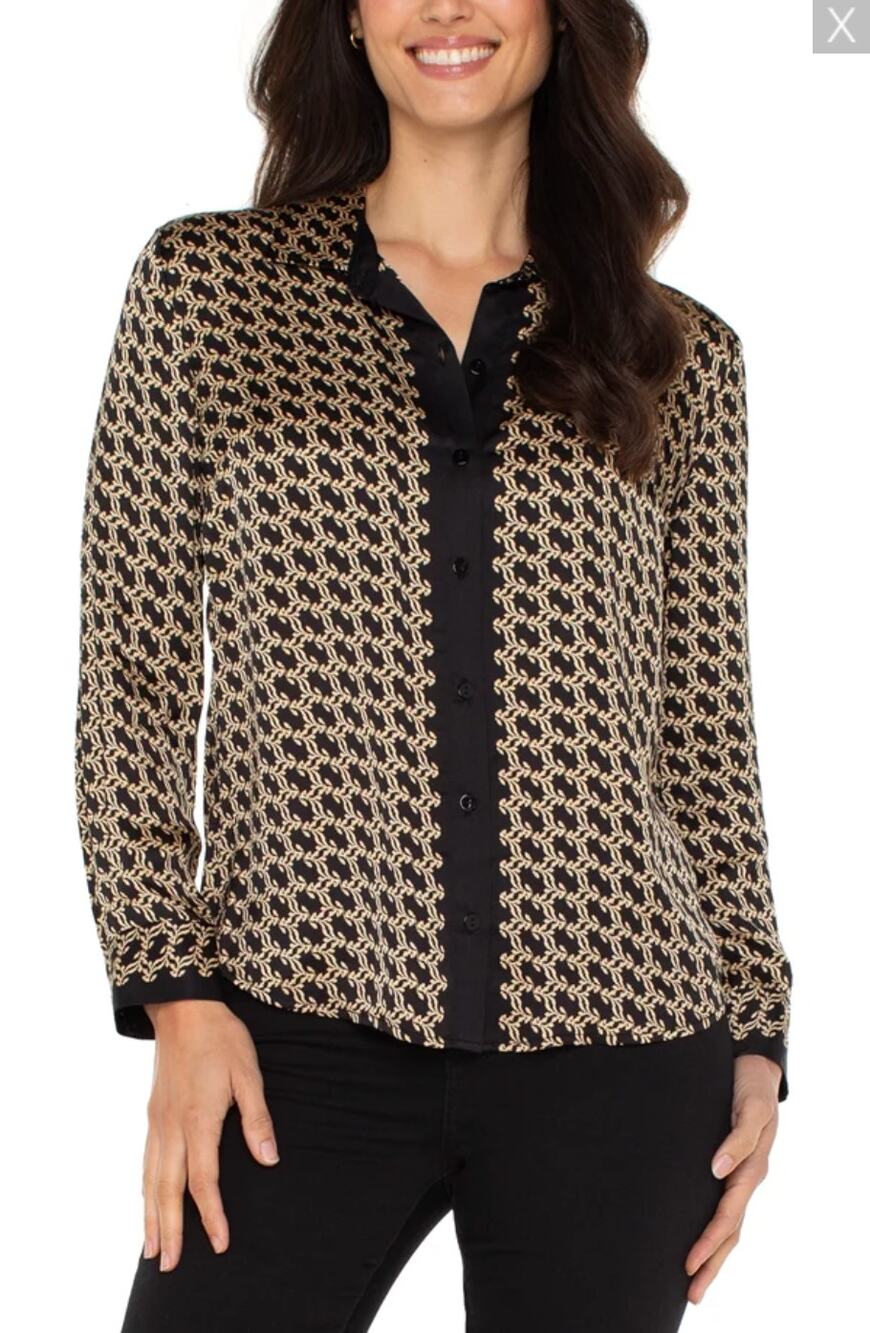 Liverpool Women's Long Sleeve Button Front Woven Shirt Black/Gold Combo S